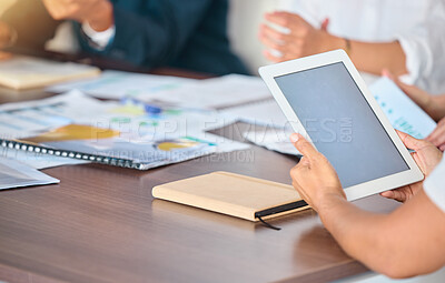 Buy stock photo Tablet, business meeting and mock up screen at corporate office desk with investors or team. Management, notes and analytics data report on digital technology for conference or presentation.