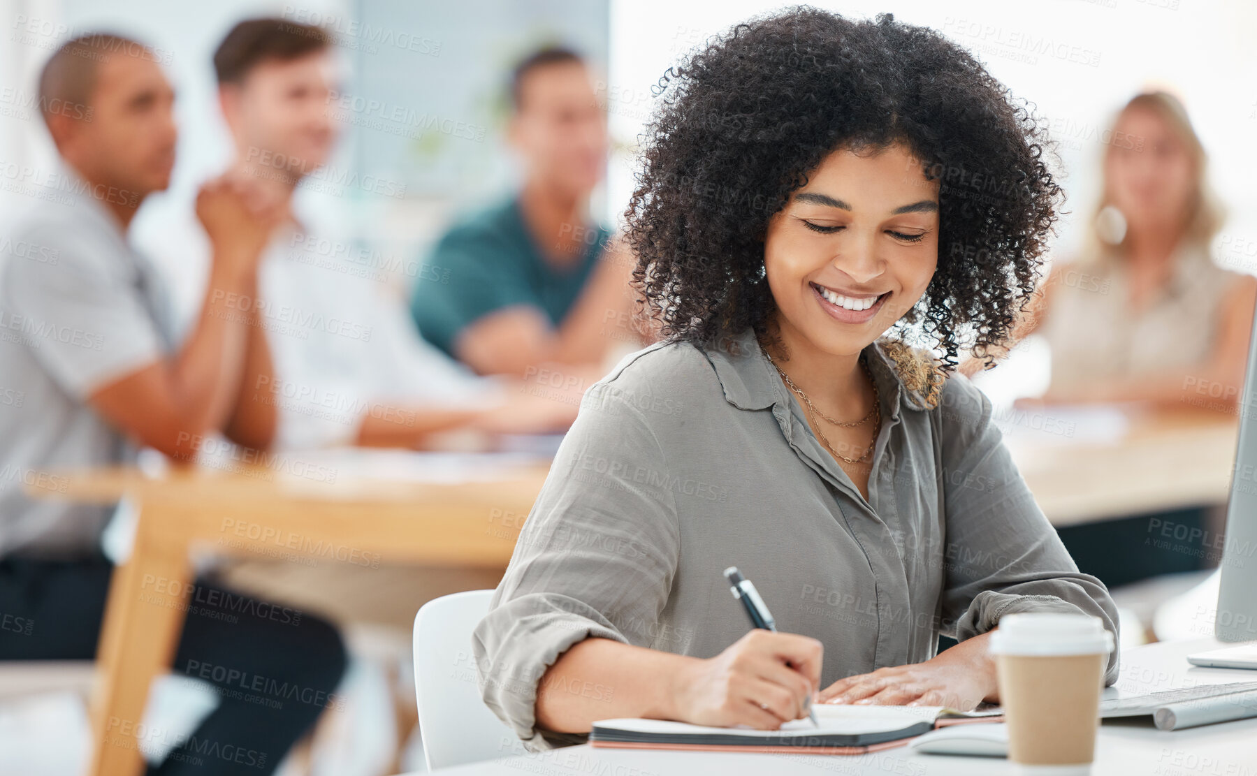 Buy stock photo Writing, meeting and notebook with a business woman learning during a meeting, workshop or training seminar in the office. Young female employee with motivation in a planning and coaching conference