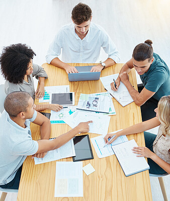 Buy stock photo Team, collaboration and documents of business people in teamwork strategy, planning and meeting at the office. Group of workers in research and development for design and marketing with technology.