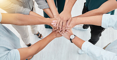 Buy stock photo Teamwork, collaboration and motivation business people hands stacked together in office with lens flare. Group hand for goal, community together for team project or company growth mission and trust