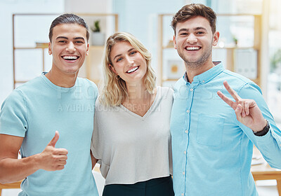 Buy stock photo Thumbs up, peace sign and happy business people smiling about company success or partnership. Portrait of a team of employees with a positive mindset, mission and vision for startup growth