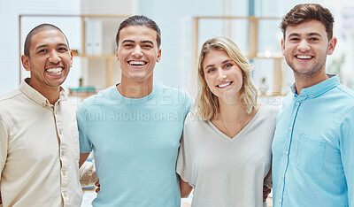 Buy stock photo Teamwork, collaboration and creative design work in business meeting at startup company with happy designer. Portrait of advertising and marketing workers in partnership and working for success