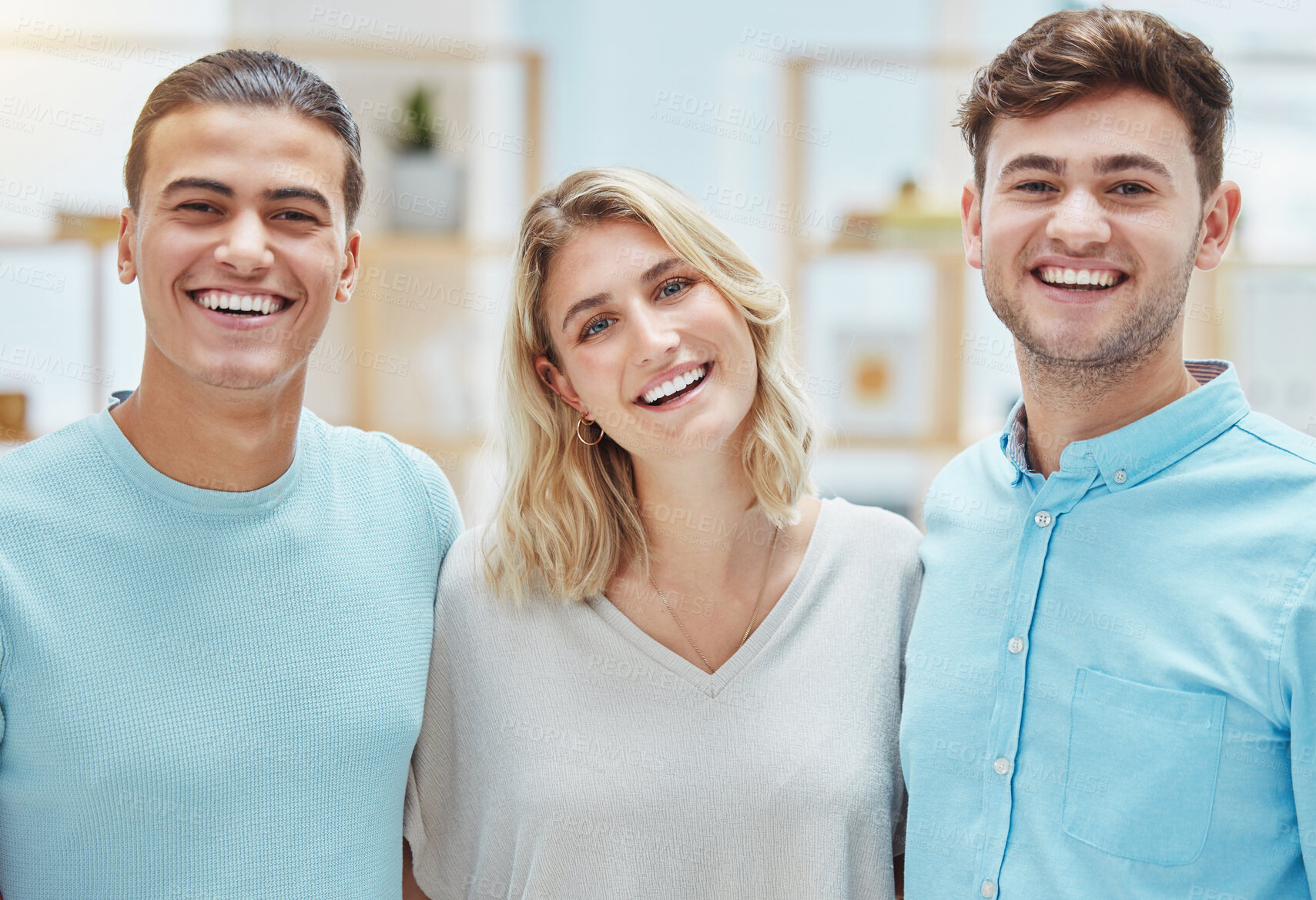 Buy stock photo Happy, collaboration and teamwork for business people in support of each other smiling in an office. Portrait of a team of colleagues posing together excited for company growth and development