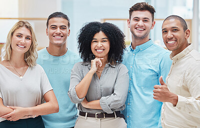 Buy stock photo Creative business team smile at design company or global agency office in unity, diversity and solidarity. Happy group of business people, designer staff or startup success management people together