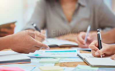 Buy stock photo Collaboration, teamwork and documents of business people planning strategy in a meeting at the office. Hands of workers working on company growth development or marketing design in a boardroom