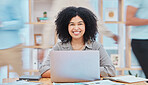 Portrait, business woman and working on laptop in office 
or corporate room or company with a smile. Happy, worker or employee writing email on computer or tech and planning finance strategy or goal

