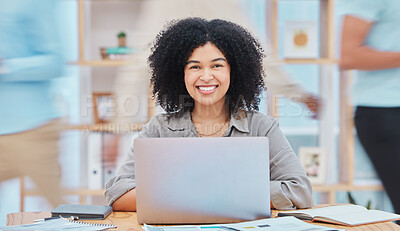 Buy stock photo Portrait, business woman and working on laptop in busy office or corporate room or company with a smile. Happy, worker or employee writing email on computer or tech and planning finance strategy.
