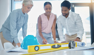 Buy stock photo Team of engineering designer planning a building strategy in an office table with collaboration and teamwork. Construction manager and employee in meeting review blueprint paper or document on a desk