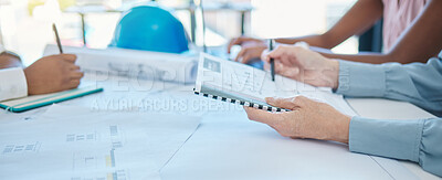 Buy stock photo Business meeting, planning and architecture or engineering internship with teamwork and collaboration. Close up, hands and ideas with blueprints for future engineer vision and mission for innovation 