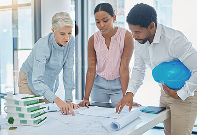 Buy stock photo Architect team, 3d and blueprint table for project design illustration evaluation in boardroom. Construction professionals discuss efficiency of industrial model plan for building architecture.
