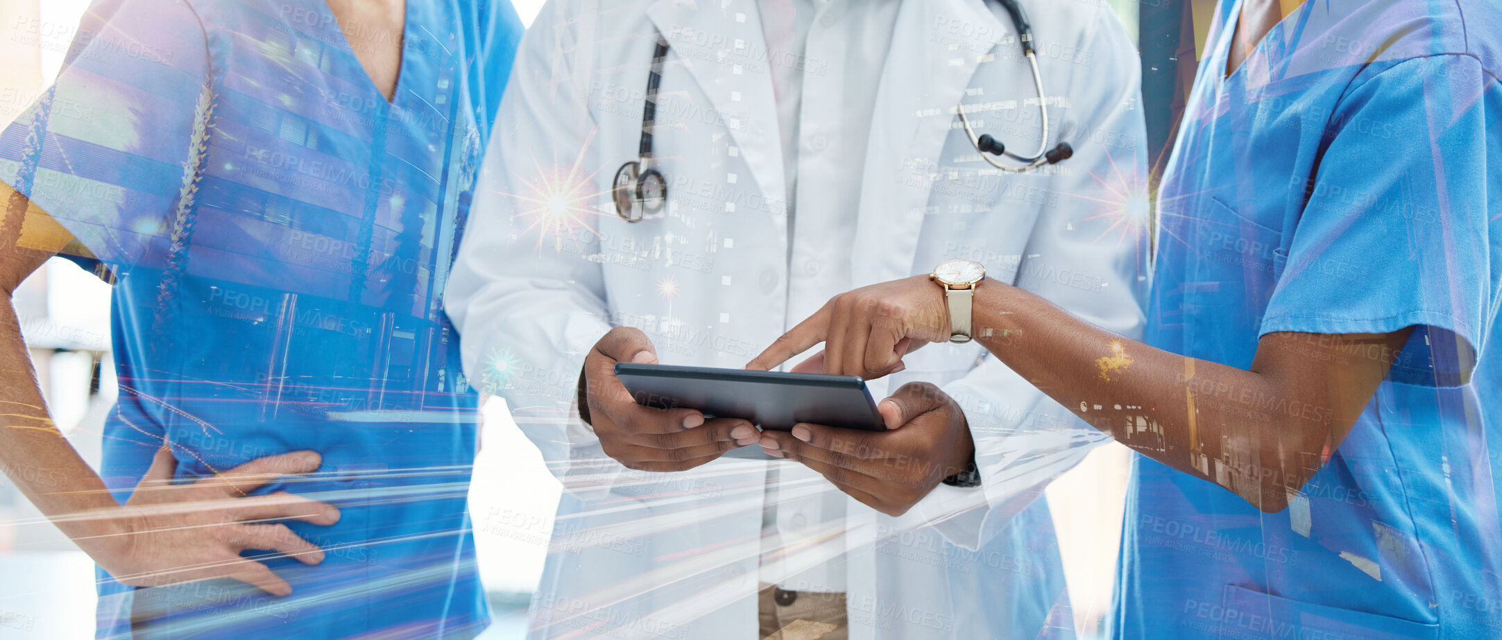 Buy stock photo Healthcare, innovation and medical network with a group of nurses and a doctor using tablet to discuss ideas or health information database. Diversity, teamwork and future technology in a hospital