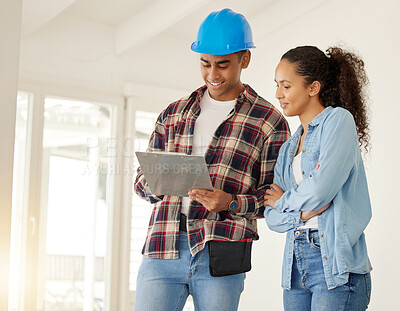 Buy stock photo Couple planning home renovation job together, construction worker working with woman on maintenance and remodeling of apartment. Contractor and builder helping with interior design of family home