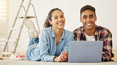 Buy stock photo Home, renovation and laptop with a couple working on the internet, looking for an idea with a DIY project and remodel in their house. Portrait of a young man and woman building a domestic addition