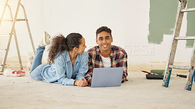 Buy stock photo Couple relax with laptop, living room home renovation and interior design ideas online internet. Happy man and woman decorate apartment house together, love relaxing on floor after moving to property