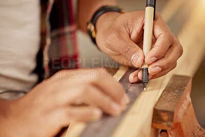 Buy stock photo Working handyman, carpenter and building construction worker with wood for a maintenance job. Builder or contractor hands doing measure work for a home improvement project with tools at a workshop