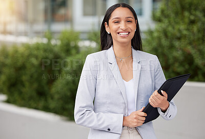 Buy stock photo Business, corporate and finance woman worker with a happy smile outdoor on a work break. Portrait of a young financial lawyer employee with a contract feeling motivation and happiness from career 