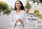 Happy woman, phone and walking in city while on break and exploring business opportunity on urban street while texting or browsing internet. Entrepreneur looking for motivation while using mobile app