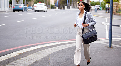 Buy stock photo Running, stress or late business woman in hurry with bag missing job interview, meeting or startup pitch idea in downtown city. Fear, anxiety or risk creative entrepreneur or designer moving in town