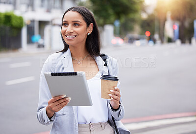 Buy stock photo Business coffee, digital tablet and street walk commute office or lunch break in the city. Corporate woman with technology for wireless communication while traveling outside the workplace.