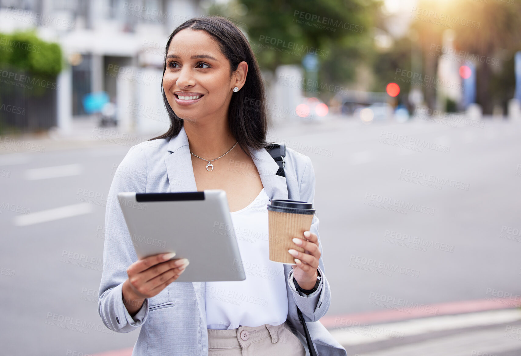 Buy stock photo Business coffee, digital tablet and street walk commute office or lunch break in the city. Corporate woman with technology for wireless communication while traveling outside the workplace.