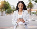 Business woman in communication on phone in city, working on 5g smartphone and walking in the street with cellphone. Happy corporate worker planning schedule on email, in conversation on internet
