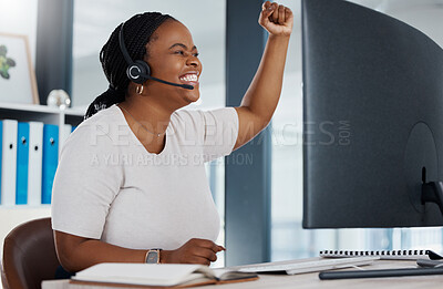 Buy stock photo Call center success, celebration and excited telemarketing sales woman winner for customer service deal, target trading and consultant bonus. Happy worker, black employee and staff with motivation