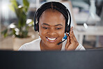 Call center, contact us support and customer service woman on computer working on crm customer consulting., Motivation and happy black receptionist, telemarketing and office communication consultant