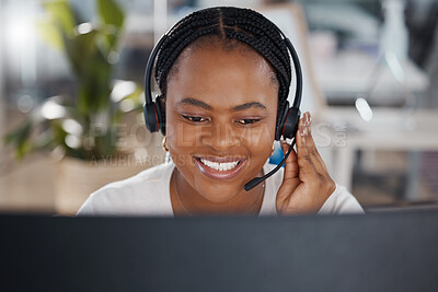 Buy stock photo Call center, contact us support and customer service woman on computer working on crm customer consulting., Motivation and happy black receptionist, telemarketing and office communication consultant