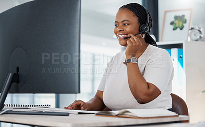 Buy stock photo Telemarketing consultant woman, sales or ecommerce advisor consulting with a smile and customer service. Call center agent or IT support worker at desk with a computer for arm and contact us website