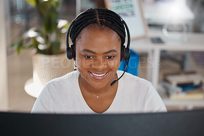 Buy stock photo Customer service agent, worker and employee working in telemarketing, helping people online with advice and consulting on computer. Face of a happy African call center consultant giving support