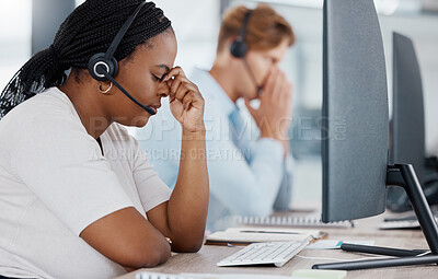 Buy stock photo Burnout, stress and headache telemarketing employee working customer support for sales, consulting or call center company. Contact us, help desk and customer service worker in office by computer