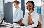 Sales, support and customer service call center consultant smiling while consulting with online clients in office. Contact us with happy agent enjoying job in telesales, excited about good service