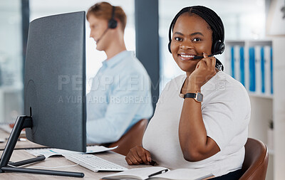 Buy stock photo Sales, support and customer service call center consultant smiling while consulting with online clients in office. Contact us with happy agent enjoying job in telesales, excited about good service