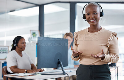 Buy stock photo Crm, woman and customer support contact us consultant talking on a customer phone consultation. Happy internet call center employee with headset working and giving digital consulting help advice
