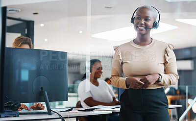 Buy stock photo Call center, customer support or communication with a woman employee consulting, telemarketing and offering help. Customer service, contact us and consultant with a female giving advice and talking