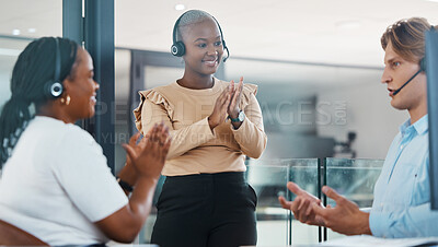 Buy stock photo Call center support team clapping hands in congratulations and celebration for achievement and success. Happy telemarketing and customer service people in diversity, happiness and excited for leader