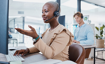 Buy stock photo Call center, customer service and support with an agent working to help on a call online in her office. Contact us, telemarketing and consulting with a consultant in a headset giving helpful advice