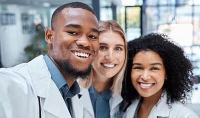 Buy stock photo Doctor, healthcare and selfie with a medicine team of medical staff working together in a hospital or clinic. Health, wellness and collaboration with a group you can trust with your treatment or care