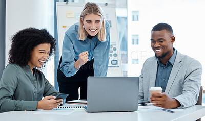 Buy stock photo Success, collaboration and teamwork with business team reading good news on a laptop in a corporate office. Happy group celebrating a win and victory on successful deal, loan or proposal for startup