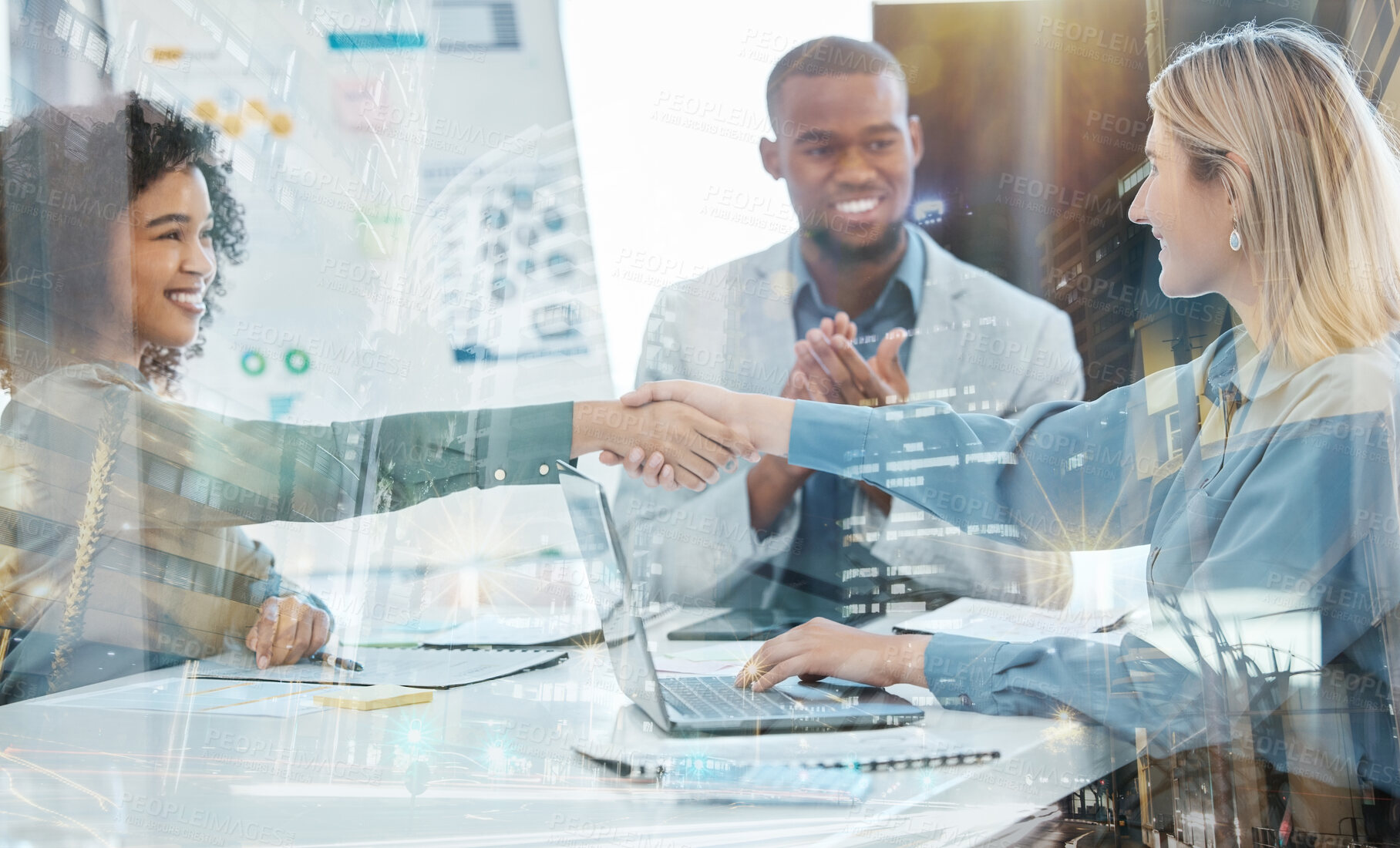 Buy stock photo Business meeting, women and handshake together after onboarding negotiation and deal discussion. Corporate worker and professional hand gesture for thank you or welcome person to team and company.