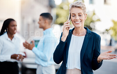 Buy stock photo Business communication, woman in agreement on phone call for corporate work proposal of management. Excited employee on 5g connection and happy with good news from audio talk with boss.
