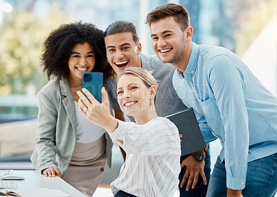 Buy stock photo Teamwork selfie, phone and playful or fun people for social media, contact us or about us website page. Happy smile or creative diversity business women or office friends with mobile photography tech