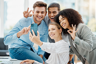 Buy stock photo Teamwork, emoji hands and business people selfie with a smartphone for social media content of happy, diversity and trendy staff. Young digital marketing workers in a group collaboration portrait