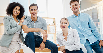Buy stock photo Happy business marketing collaboration with team, support for diversity at startup company and creative design partnership in office at work. Portrait of corporate workers in advertising career