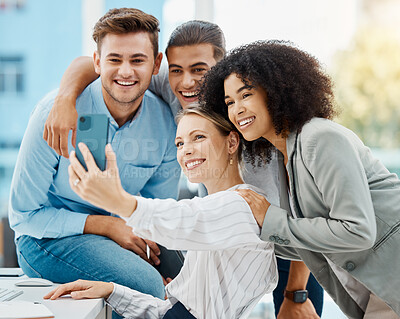 Buy stock photo Selfie, teamwork and diversity with a corporate team with a mission and vision for success, growth and innovation. Portrait of happy collaboration with friends and staff for motivation in an office 
