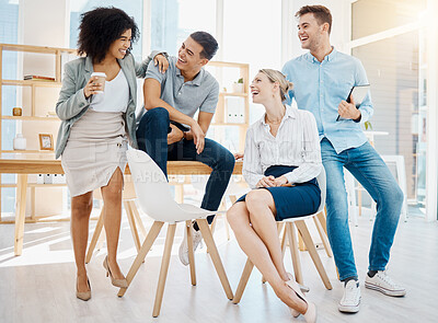 Buy stock photo Teamwork, relax and collaboration with a team of business people laughing together in the office. Happy, success and growth with a creative design group of men and women in a modern workplace