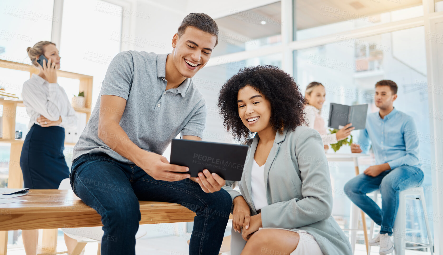 Buy stock photo Business, team and meeting in social media at the office of happy employee workers on digital tablet working together. Teamwork, collaboration and diversity of creative people in project discussion.