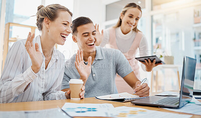 Buy stock photo Happy business people in a conference or video call, waving and smiling in an online meeting in an office. Corporate employee excited for online training or coaching, greeting virtual coach or mentor