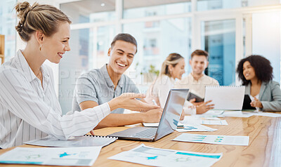 Buy stock photo Teamwork, innovation and planning of team on laptop working on data, survey or marketing research. Collaboration, strategy and business workers brainstorming ideas, research analytics or seo growth.
