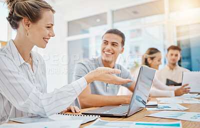 Buy stock photo Marketing, smile with business people working on laptop in advertising, strategy or review planning collaboration. Finance, budget and consulting with woman manager and team of office employees